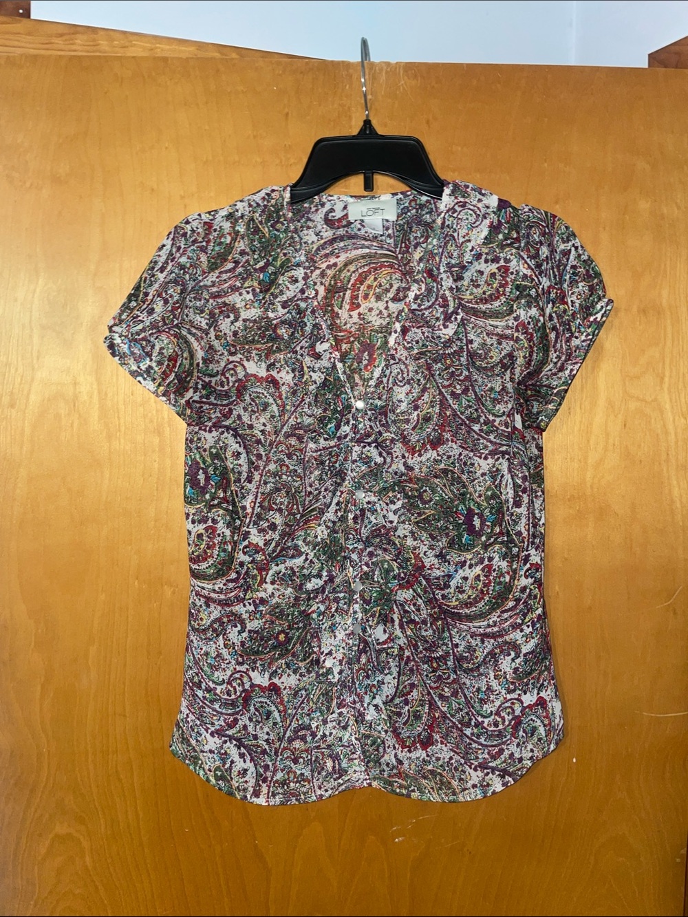 Women's Paisley Print Short Sleeve Button Down Blouse size small